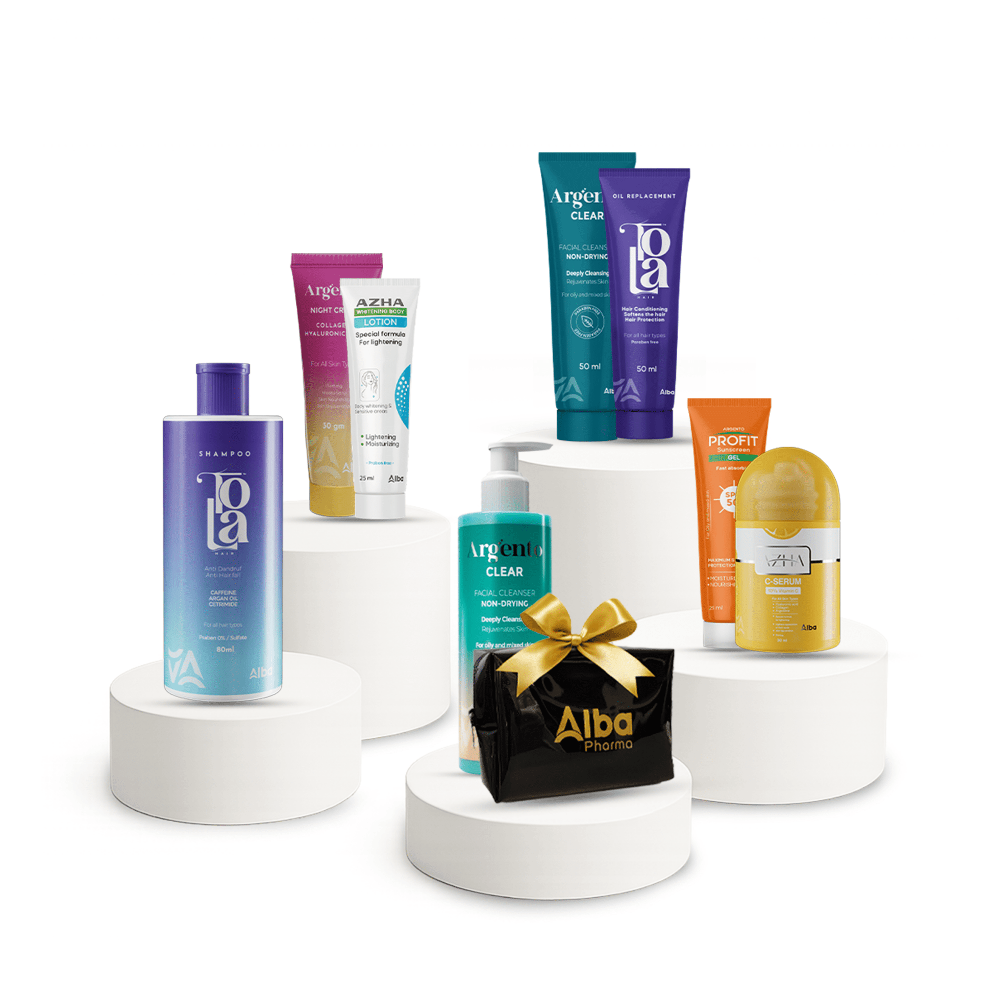 (Argento Clear 200 ml + Azhae C Serum 30 ml + Argento Night 30 g + Profit Lotion 25 ml + Argento Clear 50 ml + Tula Hair Shampoo for Adults 80 ml + Tula Oil Replacement 50 ml + Azhae Body Lotion 30 ml) Saving Bag - Alba Pharma
