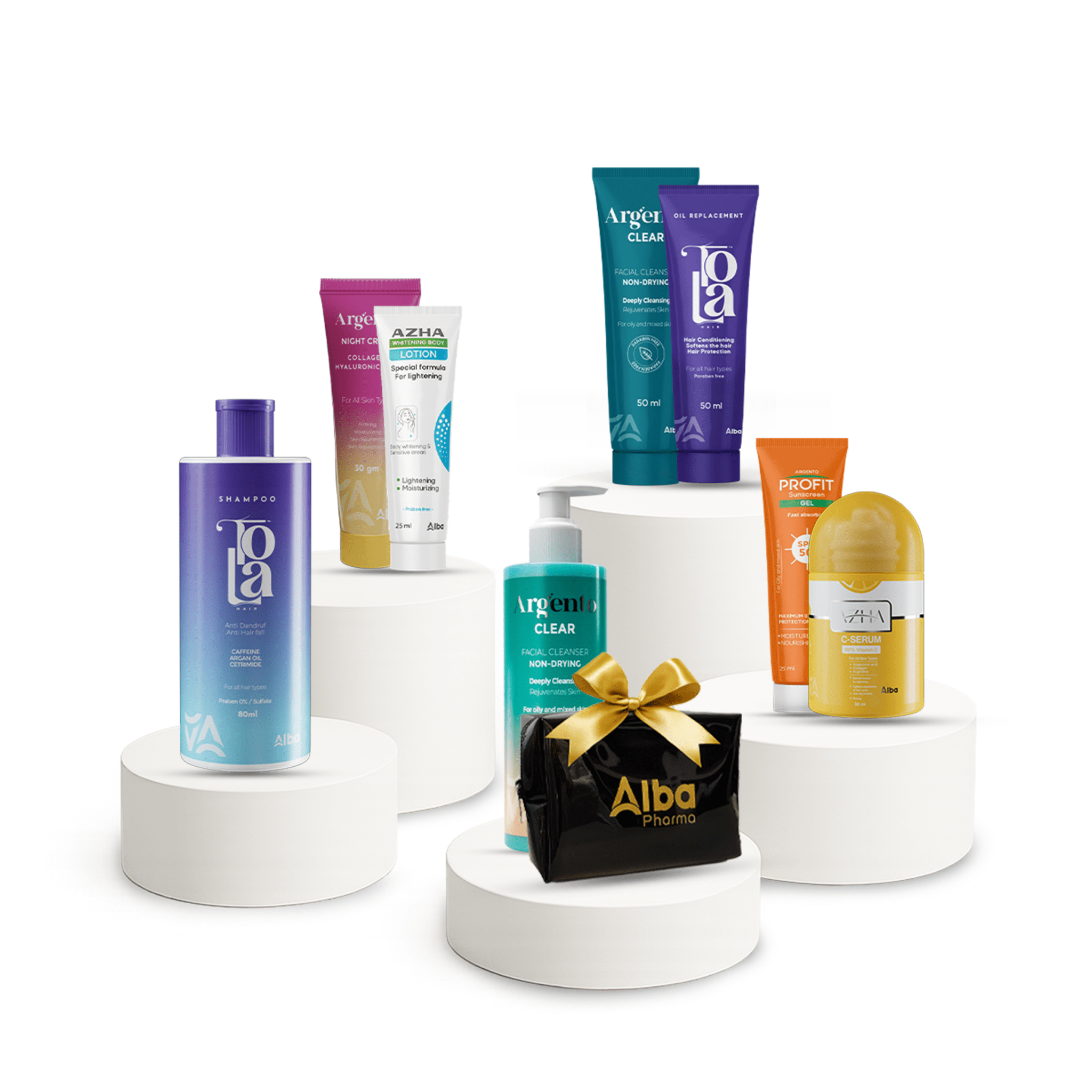 (Argento Clear 200 ml + Azhae C Serum 30 ml + Argento Night 30 g + Profit Lotion 25 ml + Argento Clear 50 ml + Tula Hair Shampoo for Adults 80 ml + Tula Oil Replacement 50 ml + Azhae Body Lotion 30 ml) Saving Bag - Alba Pharma