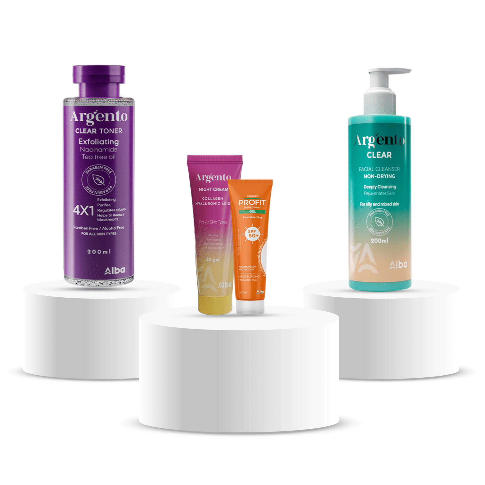 Argento Clear 200ml + Argento Toner 200ml + Sun Block Profit Gel 25ml + Argento Night Cream 30g - Alba Pharma