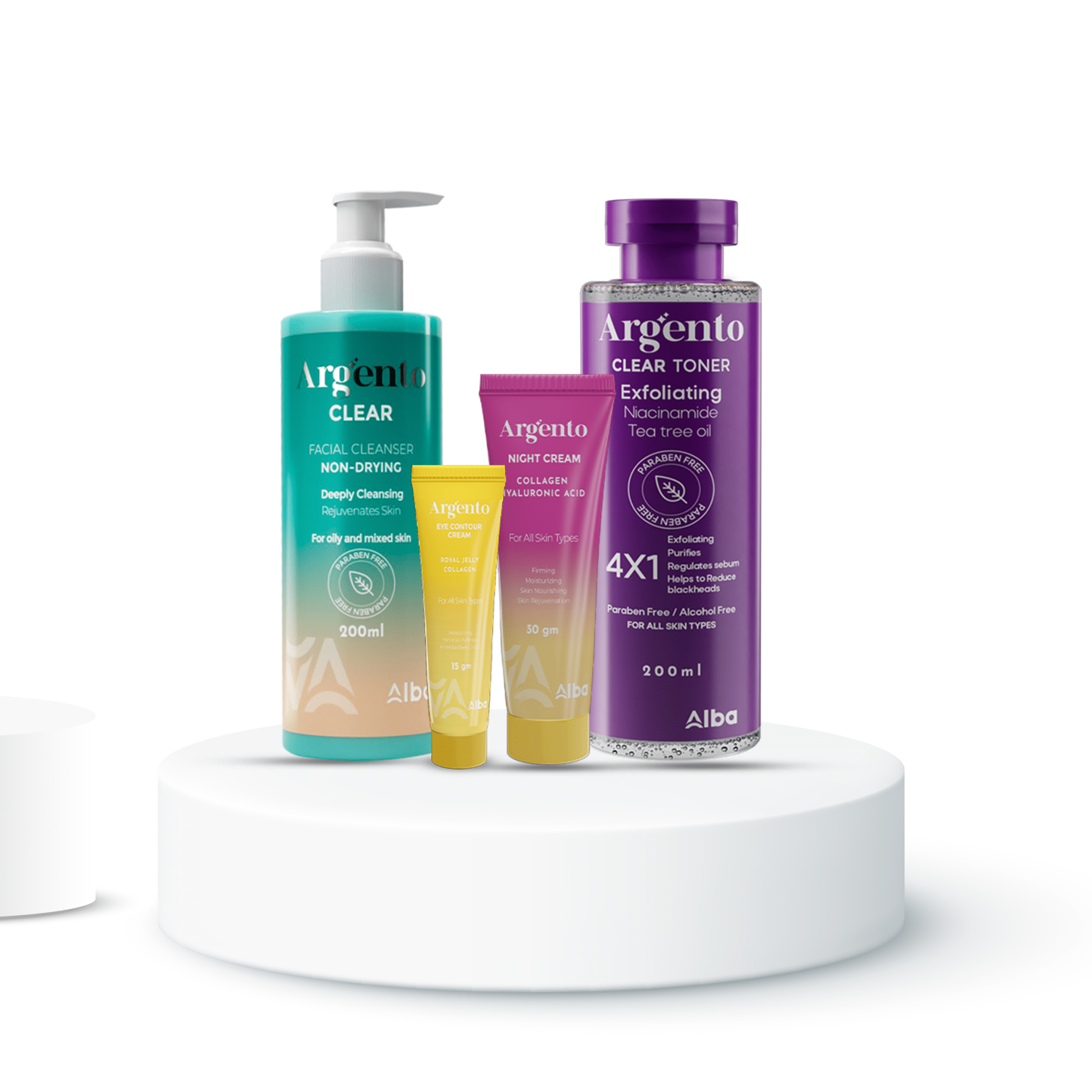 Argento Clear Cleanser, Argento Toner, Argento Nite Cream 30g, and Eye Contour - Alba Pharma